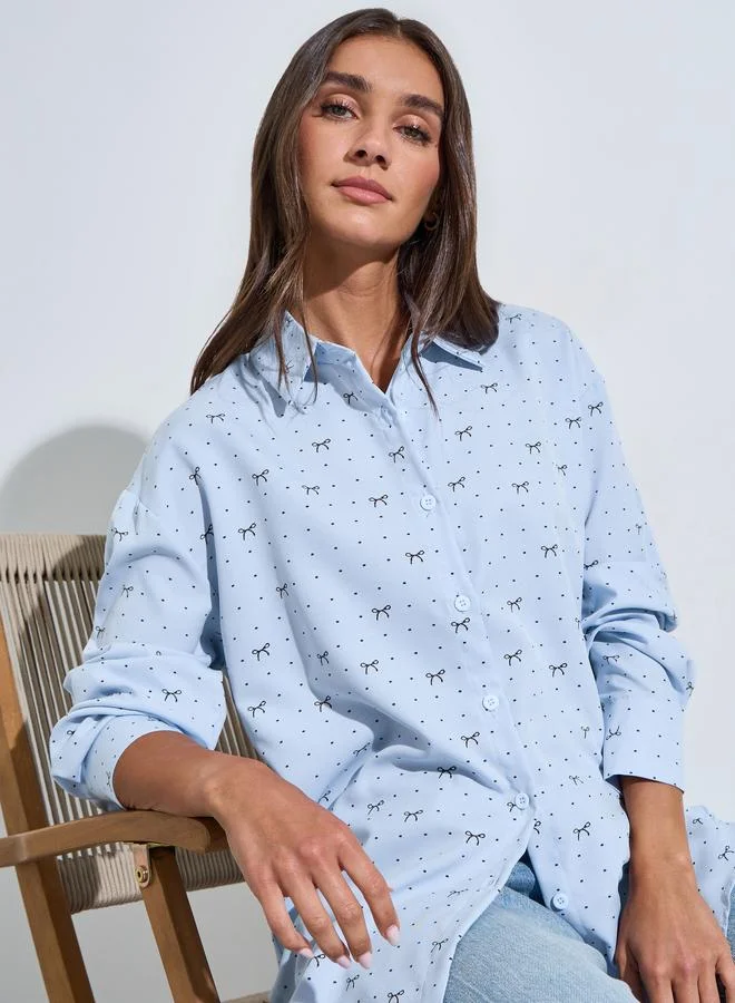 Styli Blue Ditsy Print Long Sleeves Oversized Shirt