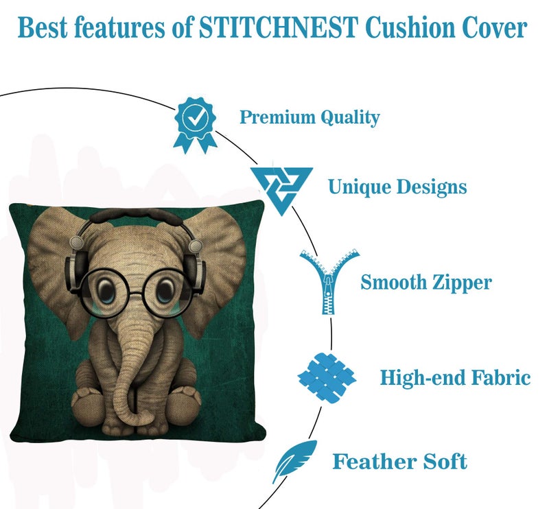 STITCHNEST Jute Elephant Digitally Printed Cushion Cover - 12"x12", Multi Colour - Image 5