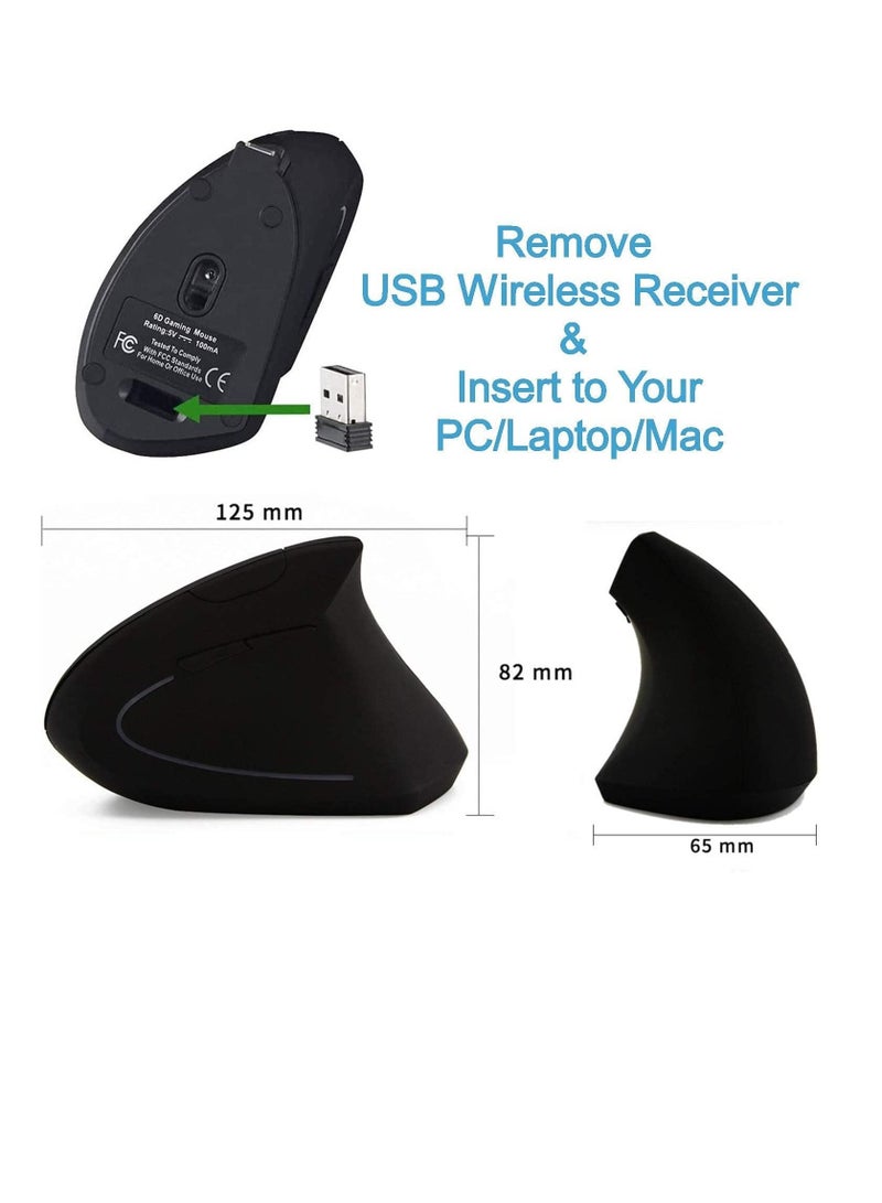 Excefore Rechargeable Ergonomic Wireless Mouse, 2.4G USB Optical Vertical Mouse with 3 Adjustable DPI 800/1200/1600 Levels 6 Buttons for Computer, Laptop, PC, MacBook (Black)  - Image 4