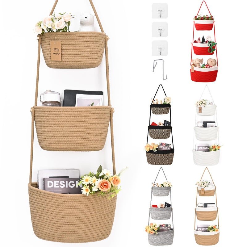 Degeyoyo Hanging Storage Baskets, Over the Door Basket, Cotton Wall Baskets Storage, Hanging Door Basket with 4 Hooks - Image 1