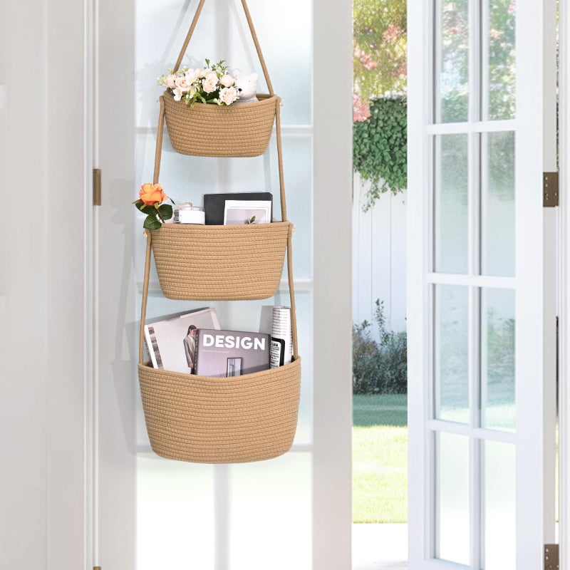 Degeyoyo Hanging Storage Baskets, Over the Door Basket, Cotton Wall Baskets Storage, Hanging Door Basket with 4 Hooks - Image 3