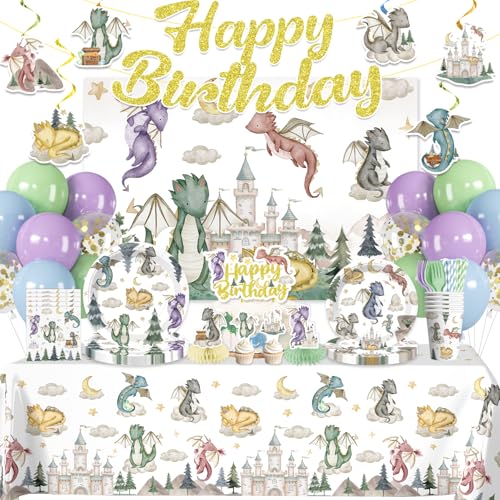 Xynic 218Pcs Dragon Birthday Party Decorations Tableware Set Serves 25 Guests Dragon Party Supplies Includes Banner Backdrop Plates Tablecloth Cake Topper Cupcake Toppers - Image 1