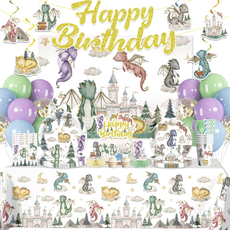 Xynic 218Pcs Dragon Birthday Party Decorations Tableware Set Serves 25 Guests Dragon Party Supplies Includes Banner Backdrop Plates Tablecloth Cake Topper Cupcake Toppers - Image 3