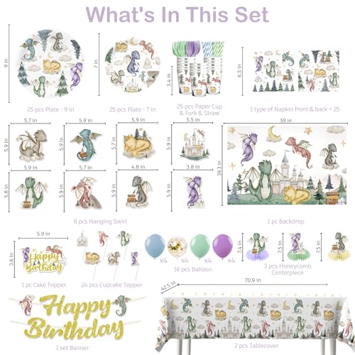 Xynic 218Pcs Dragon Birthday Party Decorations Tableware Set Serves 25 Guests Dragon Party Supplies Includes Banner Backdrop Plates Tablecloth Cake Topper Cupcake Toppers - Image 5