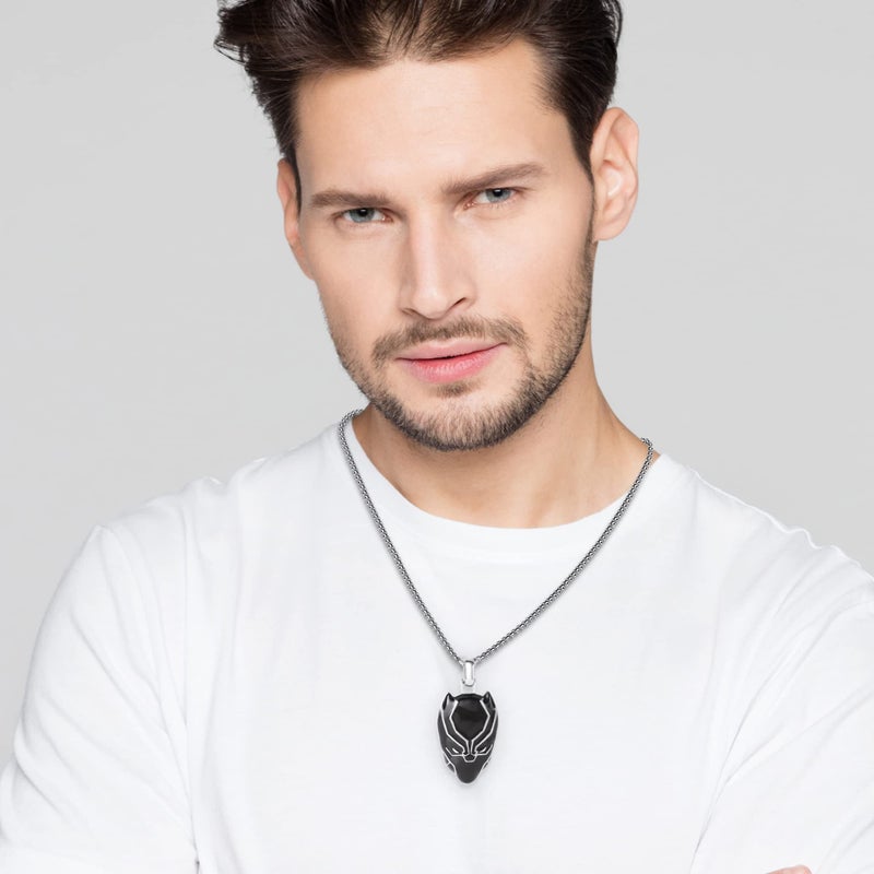 Marvel Men's Black Panther Pendant Necklace, Black Enamel and Stainless Steel, 24" Box Chain - Image 2