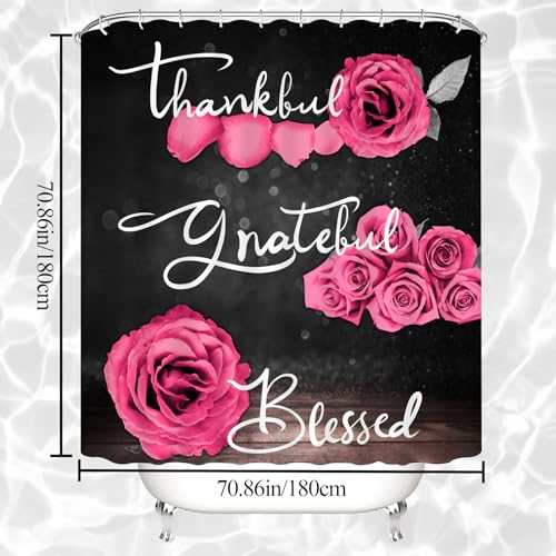 Hadint 4Pcs Pink Rose Shower Curtain Sets Thankful Grateful Blessed Bathroom Curtain with NonSlip Rug Toilet Lid Cover Bath Mat and 12 Hooks Romantic Showy Floral Wedding Decor for Bath 72 x 72 inch - Image 3