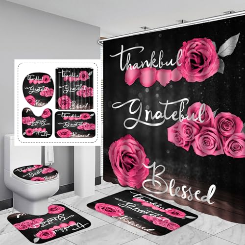 Hadint 4Pcs Pink Rose Shower Curtain Sets Thankful Grateful Blessed Bathroom Curtain with NonSlip Rug Toilet Lid Cover Bath Mat and 12 Hooks Romantic Showy Floral Wedding Decor for Bath 72 x 72 inch - Image 1