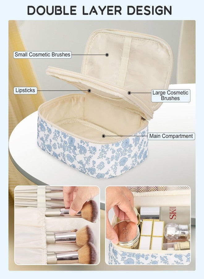 Relavel Travel Makeup Bag, Small Floral Cosmetic Bag with Makeup Brush Compartment, Portable Makeup Pouch for Women, Double Layer Makeup Organizer Bag Cute Toiletry Bag - Image 3