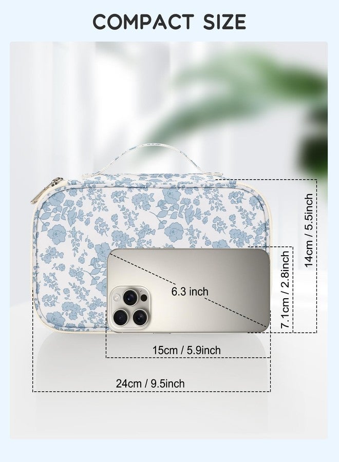 Relavel Travel Makeup Bag, Small Floral Cosmetic Bag with Makeup Brush Compartment, Portable Makeup Pouch for Women, Double Layer Makeup Organizer Bag Cute Toiletry Bag - Image 2