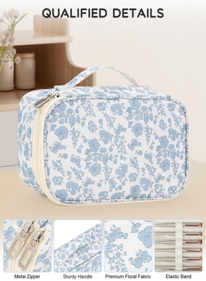 Relavel Travel Makeup Bag, Small Floral Cosmetic Bag with Makeup Brush Compartment, Portable Makeup Pouch for Women, Double Layer Makeup Organizer Bag Cute Toiletry Bag - Image 4