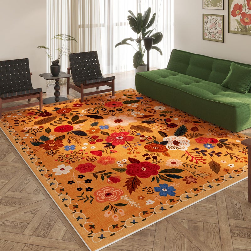 Rugcomf Area Rugs 8x10 Rug for Living Room Clearance Washable Boho Area Rug Non Slip Floral Vintage Low Pile Large Rug for Living Room, Bedroom, Farmhouse, Dining Room, Kids Playroom(Yellow) - Image 1