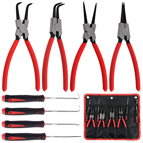 Keadic 8 Pcs 9" Heavy Duty External Snap Ring Pliers and Precision Hooks Set with Storage Bag, Circlip Pliers Set with Straight/Bent Jaw for Car Ring Hose Remover - Image 1