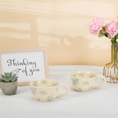 Koythin 2-Pieces Ceramic Coffee Mugs, Creative Cute Flower Cup for Office and Home, 8.5 oz/250 ml Aesthetic Mug for Latte Tea Milk (2 Blue Flower) - Image 2