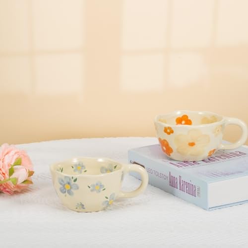 Koythin 2-Pieces Ceramic Coffee Mugs, Creative Cute Flower Cup for Office and Home, 8.5 oz/250 ml Aesthetic Mug for Latte Tea Milk (2 Blue Flower) - Image 3
