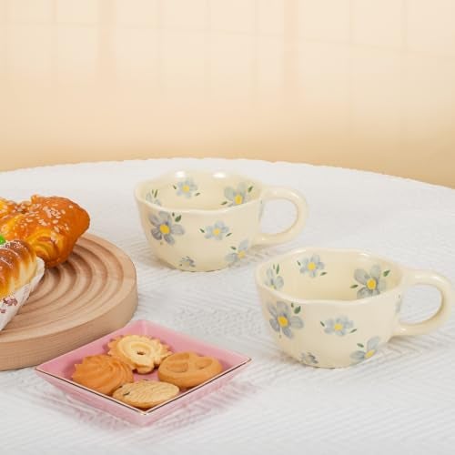 Koythin 2-Pieces Ceramic Coffee Mugs, Creative Cute Flower Cup for Office and Home, 8.5 oz/250 ml Aesthetic Mug for Latte Tea Milk (2 Blue Flower) - Image 4