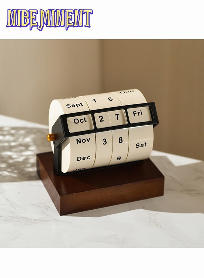 NIBEMINENT Retro Mechanical-Style Rotating Wheel Perpetual Calendar - Solid Wood Base, Monthly & Day Indicator, Elegant Desk Organizer for Office & Home Decor, Natural Wood Finish - Image 4
