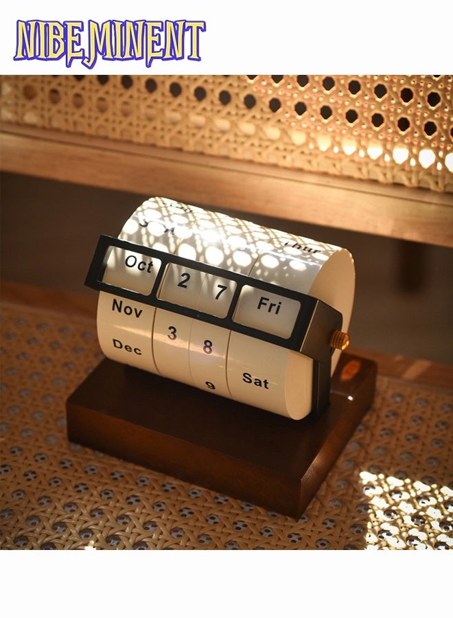 NIBEMINENT Retro Mechanical-Style Rotating Wheel Perpetual Calendar - Solid Wood Base, Monthly & Day Indicator, Elegant Desk Organizer for Office & Home Decor, Natural Wood Finish - Image 3