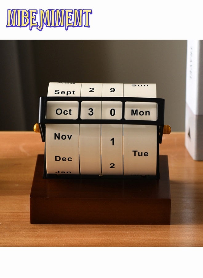 NIBEMINENT Retro Mechanical-Style Rotating Wheel Perpetual Calendar - Solid Wood Base, Monthly & Day Indicator, Elegant Desk Organizer for Office & Home Decor, Natural Wood Finish - Image 5