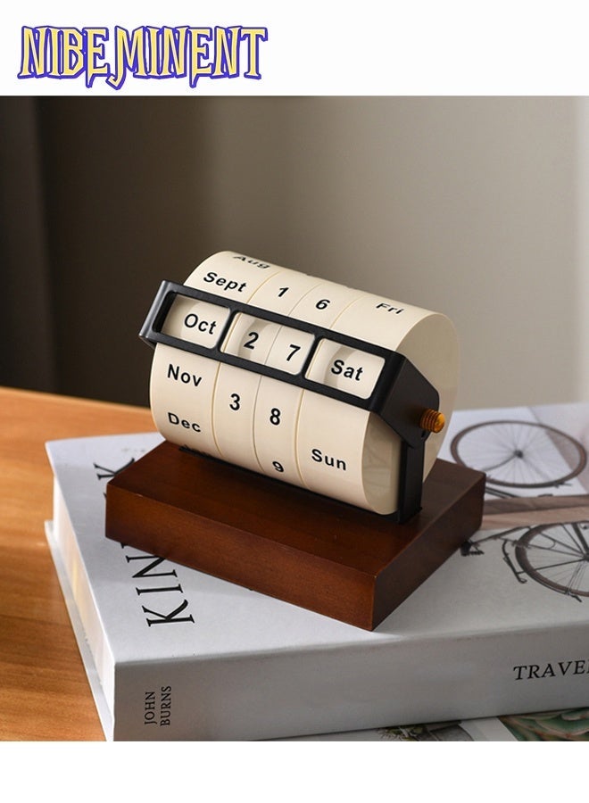 NIBEMINENT Retro Mechanical-Style Rotating Wheel Perpetual Calendar - Solid Wood Base, Monthly & Day Indicator, Elegant Desk Organizer for Office & Home Decor, Natural Wood Finish - Image 2