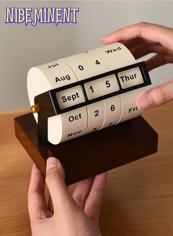NIBEMINENT Retro Mechanical-Style Rotating Wheel Perpetual Calendar - Solid Wood Base, Monthly & Day Indicator, Elegant Desk Organizer for Office & Home Decor, Natural Wood Finish - Image 1