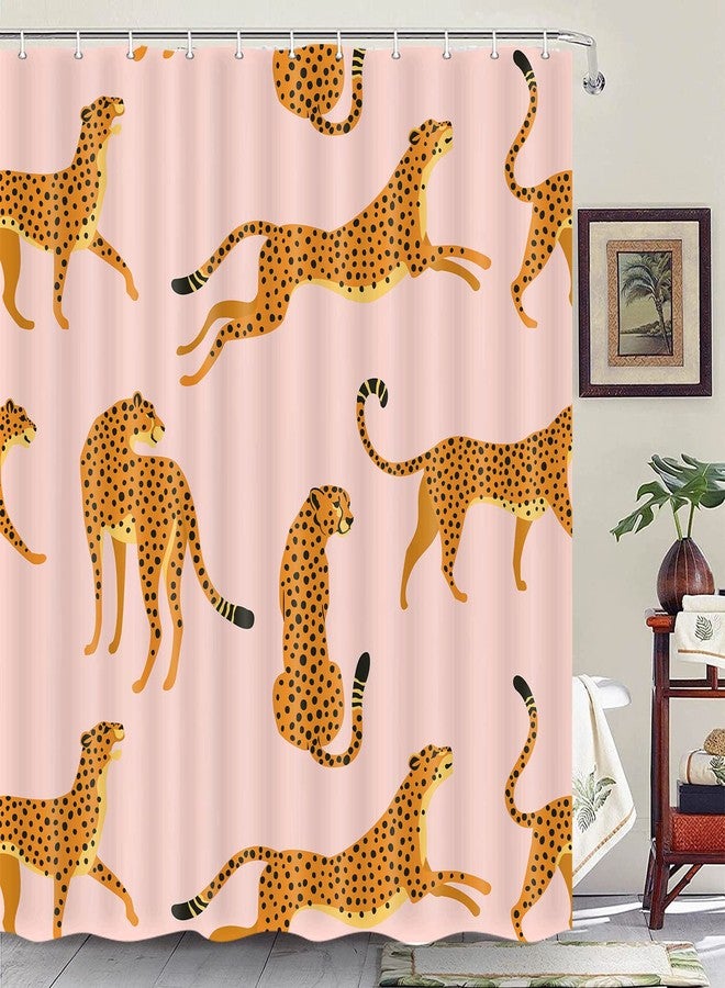 Uokiuki Boho Leopard Fabric Shower Curtain, Tropical Animal Cheetah Shower Curtain for Bathroom, Pink Shower Curtain with Hooks 69 x 70 Inch - Image 1