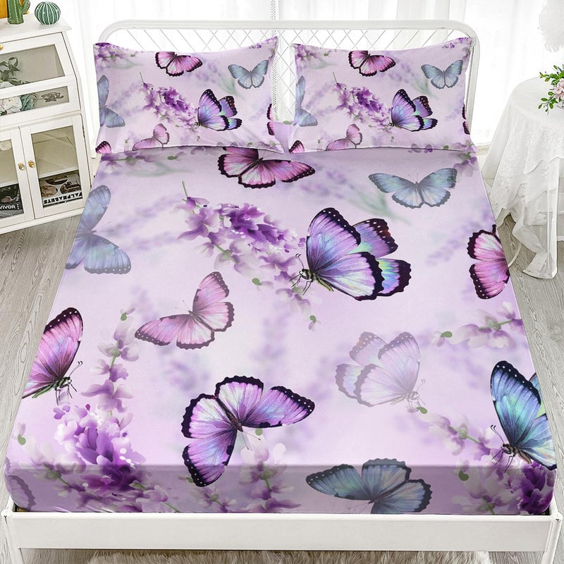 XYNHML Butterfly Lavender Fitted Sheet Deep Pocket Kids Colorful Butterfly Quilt Bed Sheet Twin for Kids Boys Girls Include 1 Fitted Sheets  2 Pillowcases No Flat Sheet