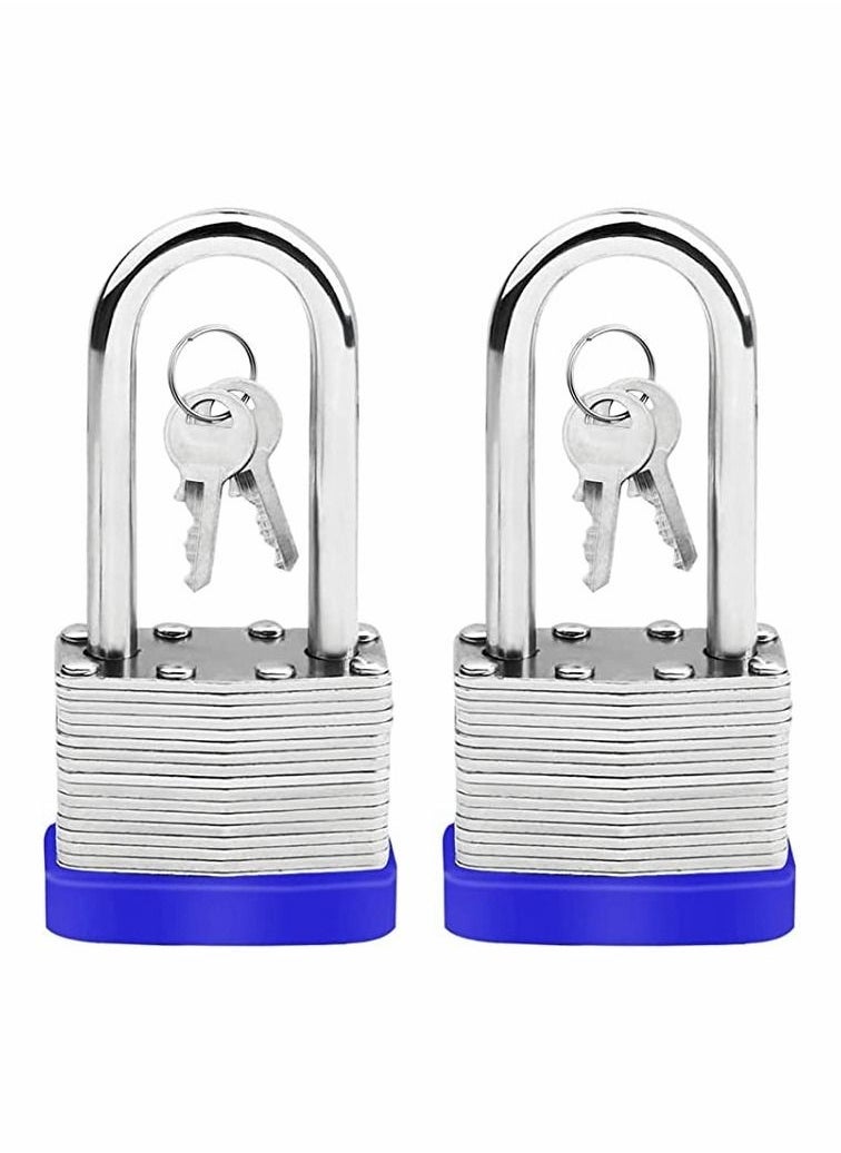 Long Shackle Pad Lock, 2 Pack Steel Pad Lock Padlock with Keys Heavy Duty Laminated Steel Key Pad Lock Secure Safety Tool for Home Garden Garage Fence Shed Indoor Outdoor - Image 1