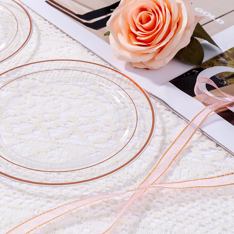 bUCLA 100PCS Clear Rose Gold Plastic Plates Disposable - Heavy Duty 6.25 Inch Clear Plastic Dessert Plates with Rose Gold Trim - Ideal for Party  Wedding & Mothers Day - Image 2