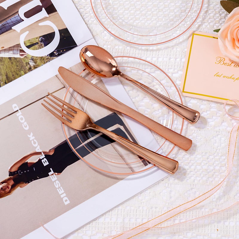 bUCLA 100PCS Clear Rose Gold Plastic Plates Disposable - Heavy Duty 6.25 Inch Clear Plastic Dessert Plates with Rose Gold Trim - Ideal for Party  Wedding & Mothers Day - Image 3