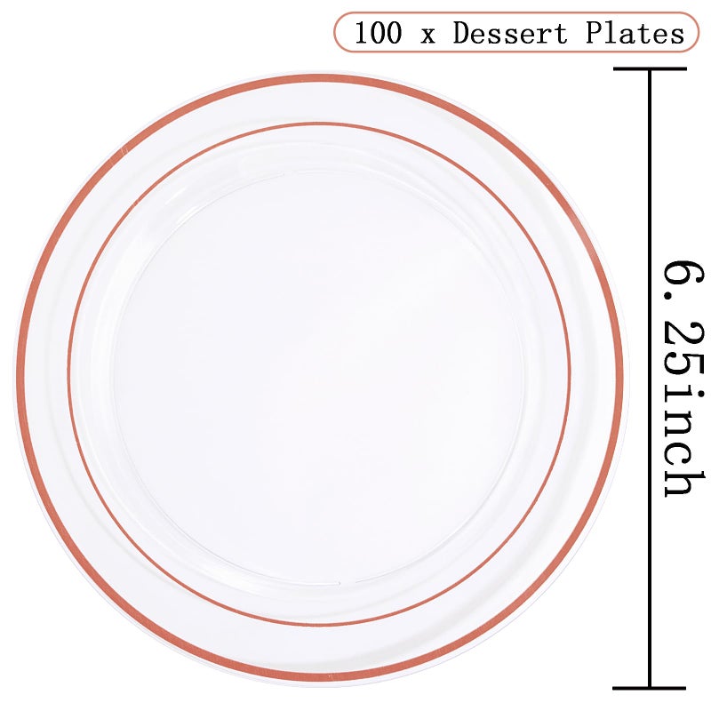 bUCLA 100PCS Clear Rose Gold Plastic Plates Disposable - Heavy Duty 6.25 Inch Clear Plastic Dessert Plates with Rose Gold Trim - Ideal for Party  Wedding & Mothers Day - Image 1