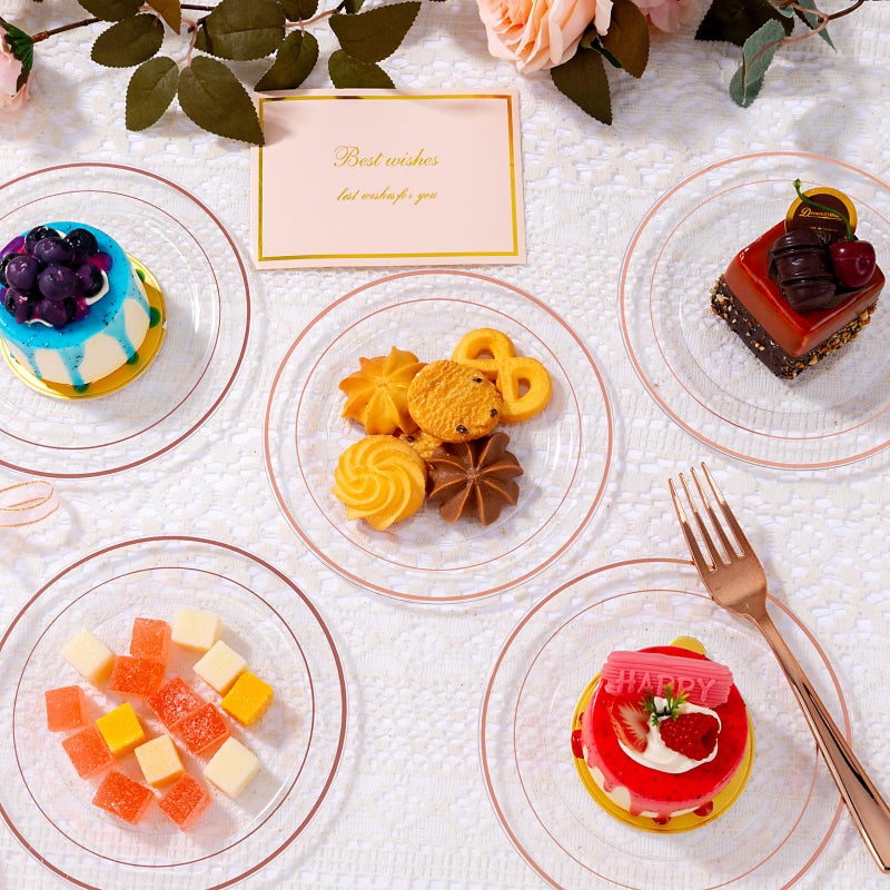 bUCLA 100PCS Clear Rose Gold Plastic Plates Disposable - Heavy Duty 6.25 Inch Clear Plastic Dessert Plates with Rose Gold Trim - Ideal for Party  Wedding & Mothers Day - Image 4