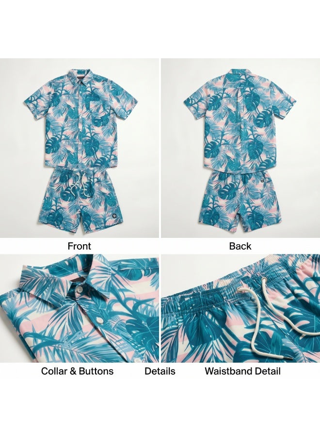 IceZone Men's 2 Piece Matching Set, Tropic Blush Pink Tropical Print, Short Sleeve Button Up Shirt & Quick Dry Swim Shorts, Summer Beach Outfit - Image 3