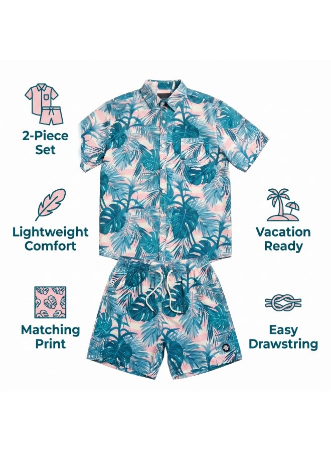 IceZone Men's 2 Piece Matching Set, Tropic Blush Pink Tropical Print, Short Sleeve Button Up Shirt & Quick Dry Swim Shorts, Summer Beach Outfit - Image 2