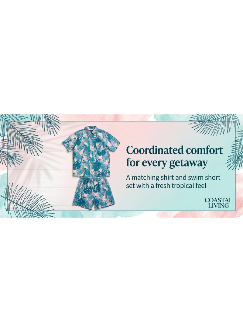 IceZone Men's 2 Piece Matching Set, Tropic Blush Pink Tropical Print, Short Sleeve Button Up Shirt & Quick Dry Swim Shorts, Summer Beach Outfit - Image 5