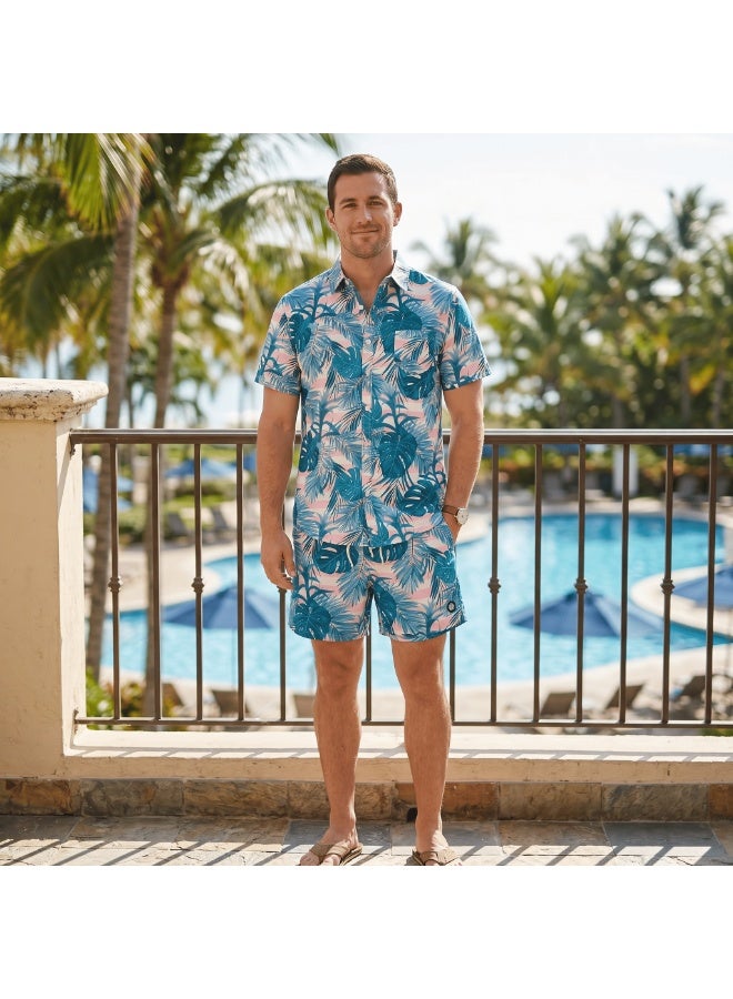 IceZone Men's 2 Piece Matching Set, Tropic Blush Pink Tropical Print, Short Sleeve Button Up Shirt & Quick Dry Swim Shorts, Summer Beach Outfit - Image 1