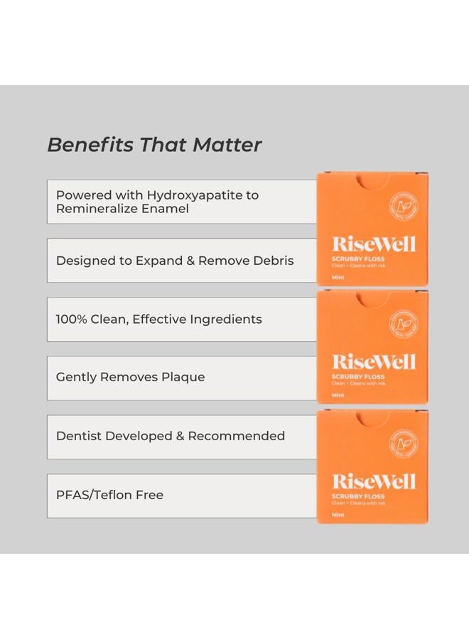 RiseWell Scrubby Floss for Teeth - Natural PFAS Free Dental Floss with Hydroxyapatite and Xylitol - Dentist-Formulated for Plaque Removal - Vegan, Non-Toxic, Expanding, Mint Waxed, 30 Yards - Image 2