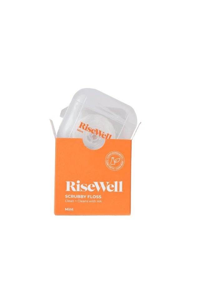 RiseWell Scrubby Floss for Teeth - Natural PFAS Free Dental Floss with Hydroxyapatite and Xylitol - Dentist-Formulated for Plaque Removal - Vegan, Non-Toxic, Expanding, Mint Waxed, 30 Yards - Image 1