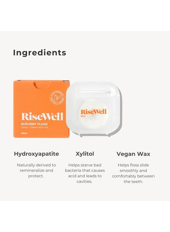 RiseWell Scrubby Floss for Teeth - Natural PFAS Free Dental Floss with Hydroxyapatite and Xylitol - Dentist-Formulated for Plaque Removal - Vegan, Non-Toxic, Expanding, Mint Waxed, 30 Yards - Image 3