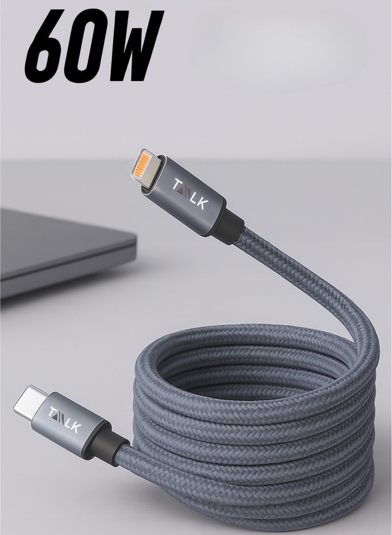 60W Magnetic USB-C to Lightning Fast Charging Cable – 1m Braided, Aluminum Alloy Tips, Compatible with iPhone, iPad, MacBook & More – Black