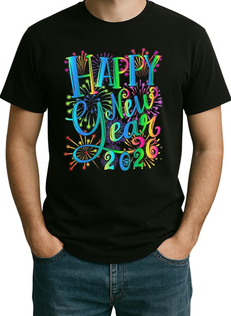 Happy New Year 2026 Graphic T-Shirt - Black - Neon Fireworks Print-Unisex Tshirt - Image 1