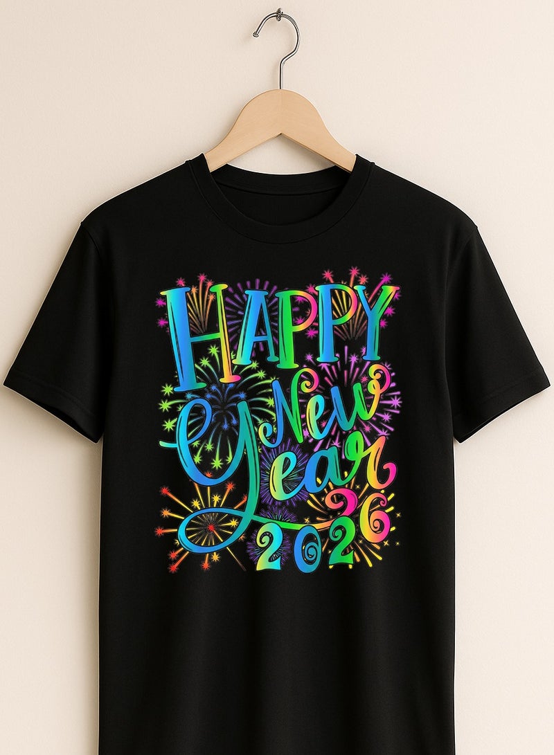 Happy New Year 2026 Graphic T-Shirt - Black - Neon Fireworks Print-Unisex Tshirt - Image 2