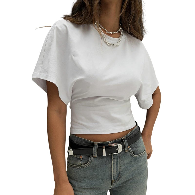Foidiccx Womens Wide Short Sleeve Y2k Shirts Summer Going Out Corset Grunge Tops Loose Fit Tee Streetwear Cinched Waist T Shirt Vintage Aesthetic Fitted Casual Cropped Top (White, M) - Image 1