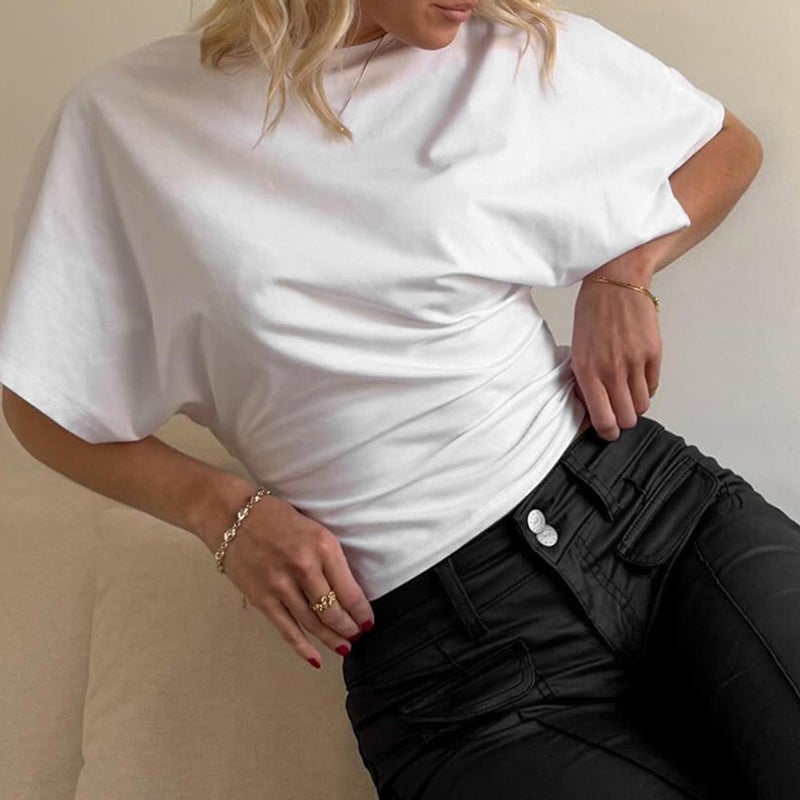 Foidiccx Womens Wide Short Sleeve Y2k Shirts Summer Going Out Corset Grunge Tops Loose Fit Tee Streetwear Cinched Waist T Shirt Vintage Aesthetic Fitted Casual Cropped Top (White, M) - Image 4