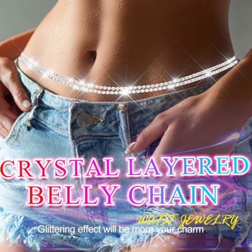 Nicute Rhinestone Waist Chain Crystal Layered Belly Chains Sparkly Summer Beach Bikini Sexy Body Jewelry for Women (Silver) - Image 4