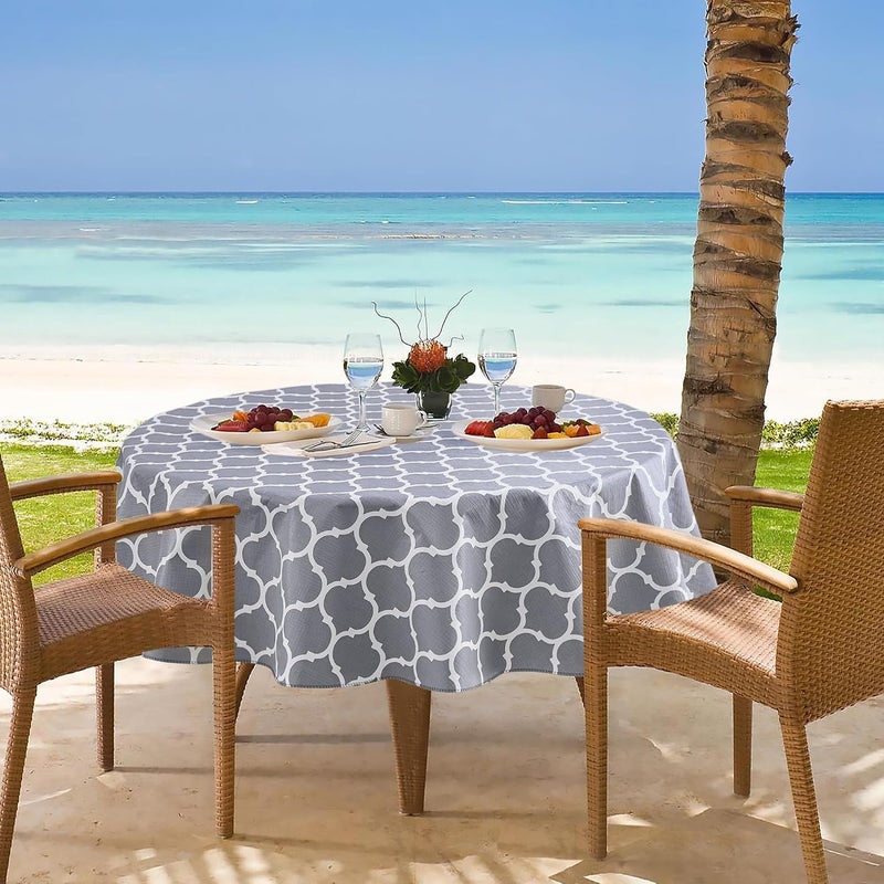 Nasitos 2 Pack Round Plastic Vinyl Tablecloth with Flannel Backed 60 Inch Moroccan Grey - Image 3