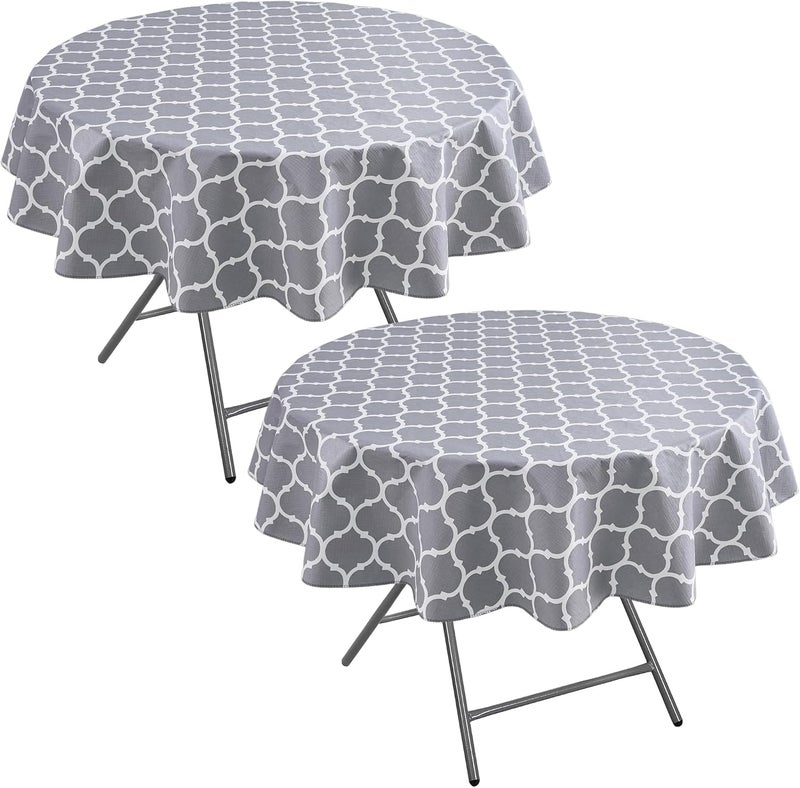 Nasitos 2 Pack Round Plastic Vinyl Tablecloth with Flannel Backed 60 Inch Moroccan Grey - Image 1