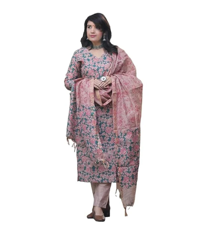 جو سريكي مزيج قطن نسائي من GoSriKi مطبوع بقماش كورتا مستقيم مع بنطال ودوباتا (مورينغا أخضر-GS_XL_Green_X-كبير)