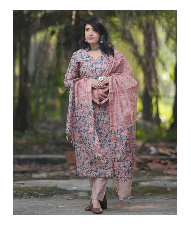 GoSriKi  GoSriKi Women's Cotton Blend Printed Straight Kurta with Pant & Dupatta (Moringa Green-GS_XL_Green_X-Large) for Women | Best Price UAE