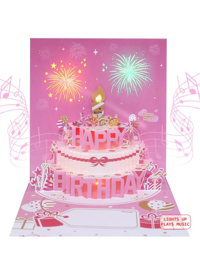 نيكور بطاقات عيد ميلاد ثلاثية الأبعاد (3D) بتصميم كعكة عيد الميلاد، مزودة بموسيقى وإضاءة LED دافئة؛ هدية مثالية للنساء (الأم، الزوجة، الأخت، والفتيات). - Image 1