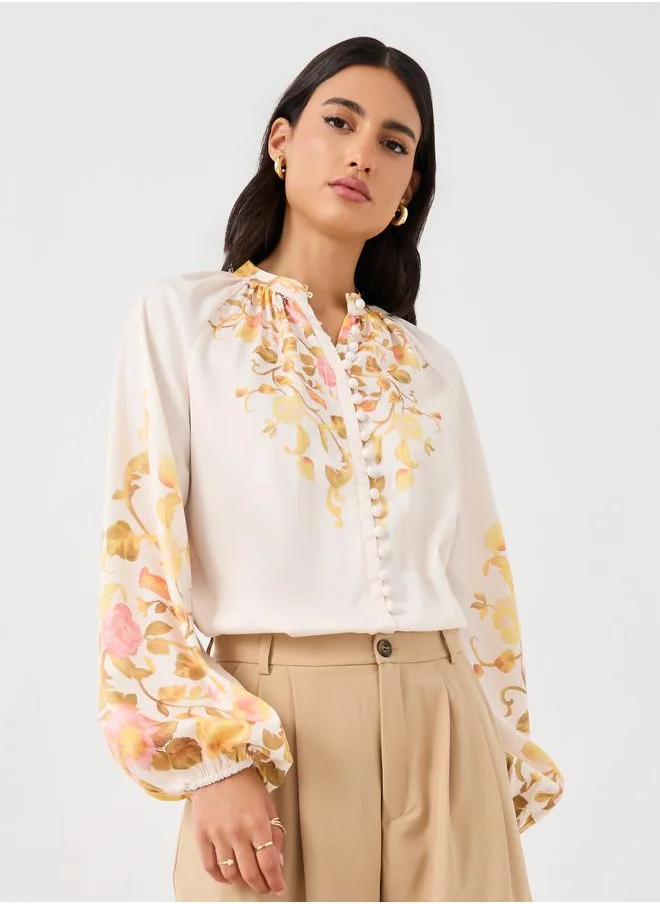 Styli Styli Floral Print Balloon Sleeve Buttoned Shirt